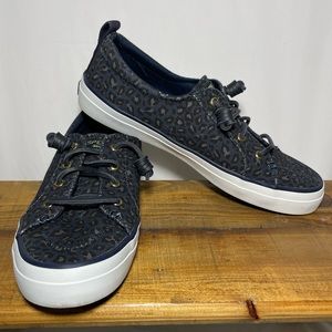 Sperry Womens 9.5 Blue Canvas Leopard print Boat Deck Sneaker Shoe STS85932